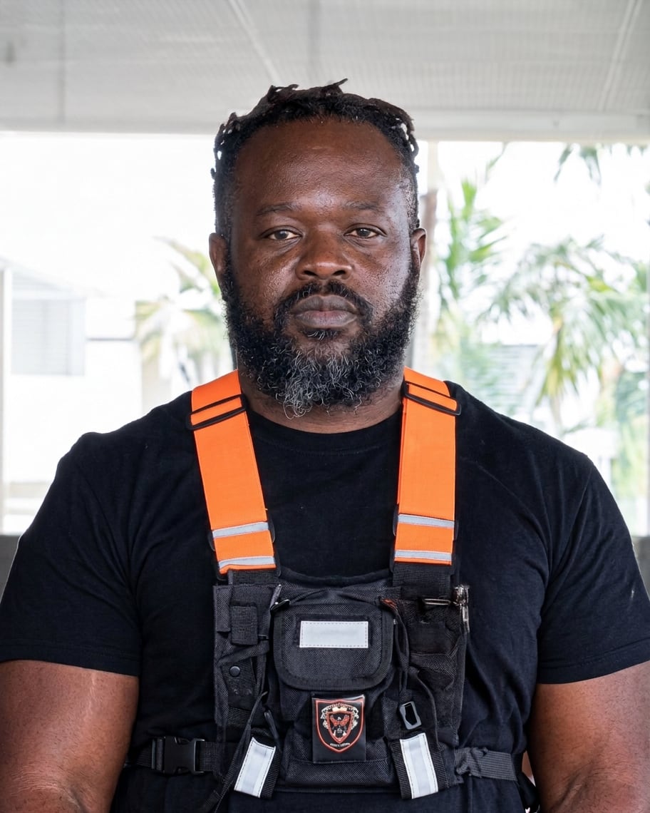 Louis Mendy, dirigeant de CPSA, en tenue d'agent de sécurité avec harnais orange